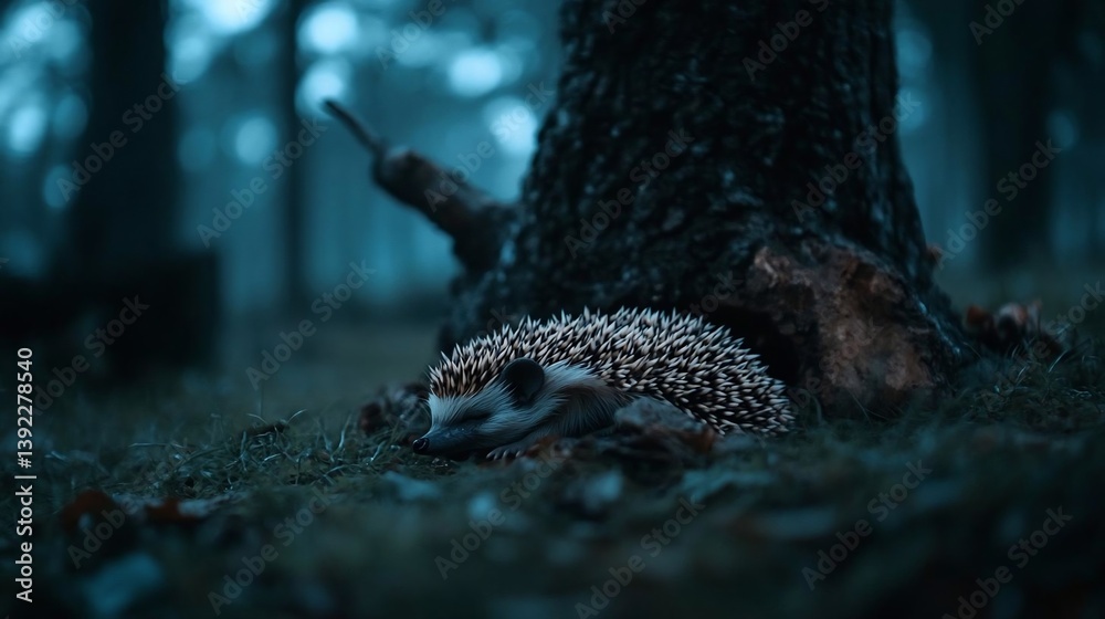 Poster hedgehog sleeping at the base of a tree in a dark, moody forest. the hedgehog is curled up amidst fa