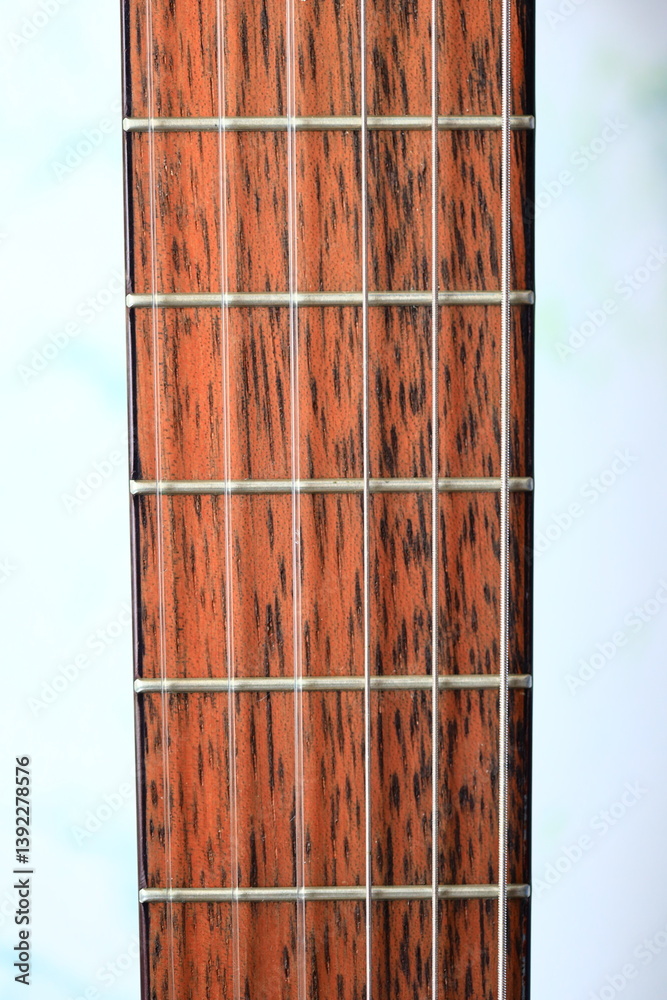 Poster a close-up view of a guitar's neck and strings, ideal for music-related concepts or decorative purpo