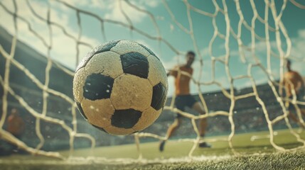 Close-up of a soccer ball hitting the goal net during an intense outdoor match, capturing the energy, motion, and excitement of competitive team sports