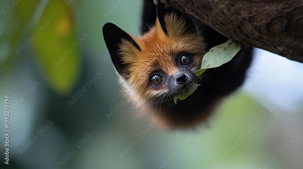 Aufkleber close-up of a red and black fox kit hanging upside down from a tree branch, holding a green leaf in 