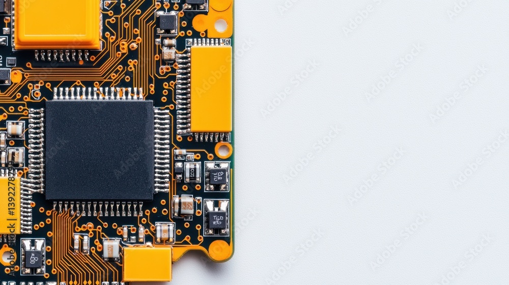 Poster a close-up shot reveals intricate details of a circuit board's electronic components against a clean