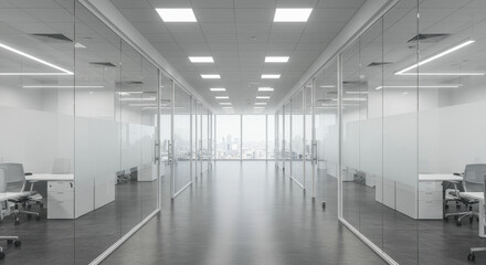 Obraz premium Modern Office Space: Glass Walls, Open Design, City View - Minimalist Workplace Interior with Natural Light and Clean Aesthetics