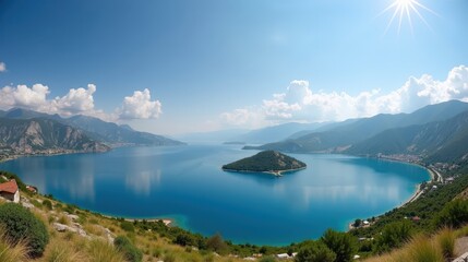 Fototapeta premium Vibrant photo of Lake Kerkini in Greece during midday with hot, sunny summer conditions, shot from a panoramic perspective.