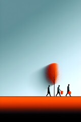 Fototapeta premium Minimalist scene of figures walking with orange tree silhouette
