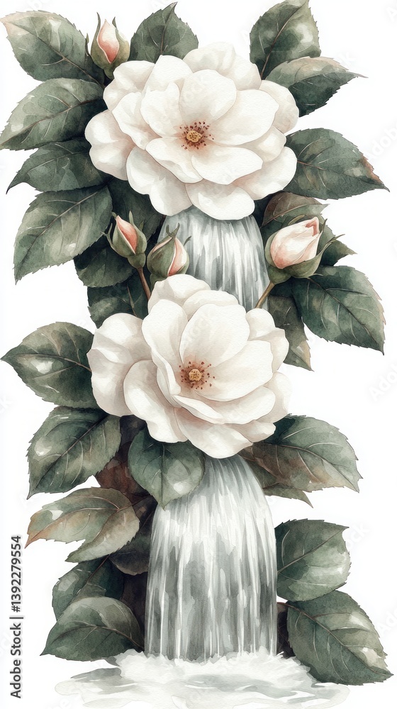 Poster two pristine white roses bloom lushly behind a cascading waterfall in a serene botanical illustratio