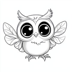 Fototapeta premium An adorable cartoon owl with large eyes and delicate wings is perched ready for colo in a whical black and white illustration perfect for children's books or creative
