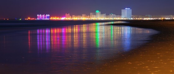 Colorful city lights reflected on the beach at night