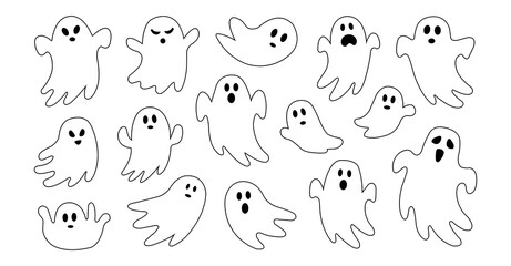 Ghost Outline Vector. Set of Cute Cartoon Ghosts in Various Poses - Black and White Halloween Clipart.