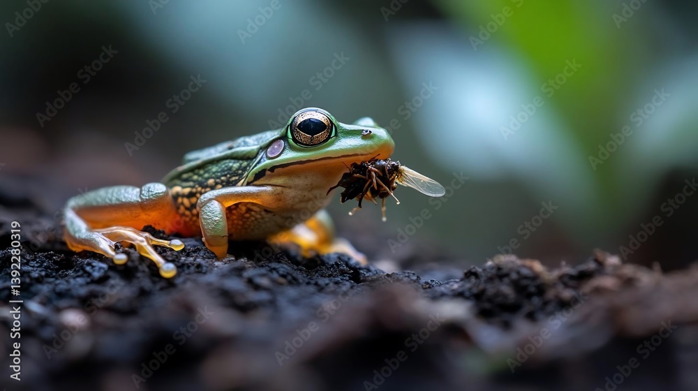 Poster vibrant green and orange frog on dark soil, eating an insect. close-up view with shallow depth of fi