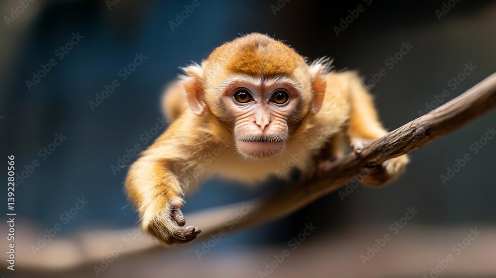 Poster close-up of a young, light brown monkey with dark eyes, gripping a tree branch against a blurred dar