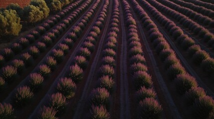 Fototapeta premium Aerial View Of Rows Of Purple Lavender Field Plants