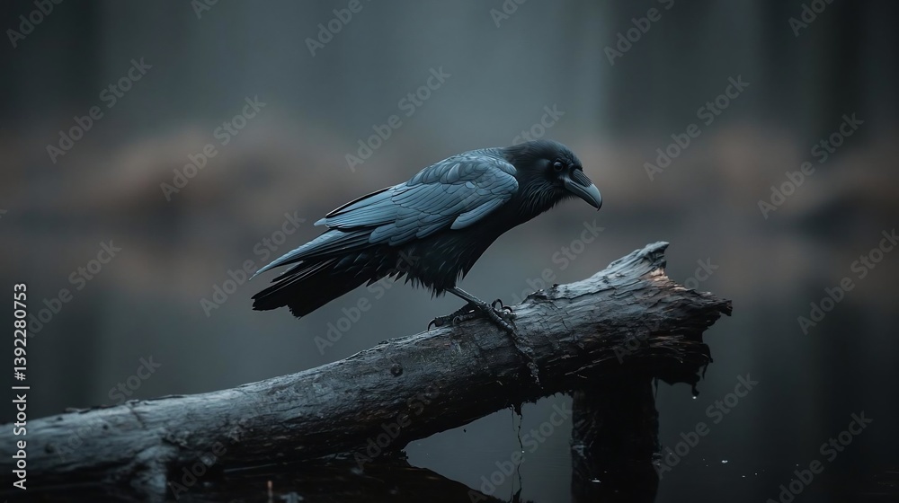 Poster a dark-colored crow perches on a weathered log partially submerged in murky water, a misty forest fo