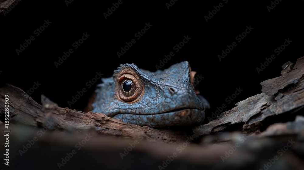 Poster close-up view of a blue reptile peering from a dark, earthy crevice. the reptile's texture and detai