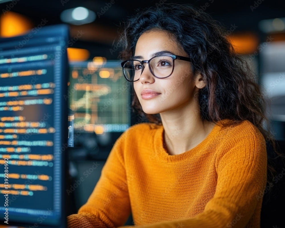 Poster A focused female programmer thoughtfully reviews lines of code on a large computer monitor in a modern office setting.