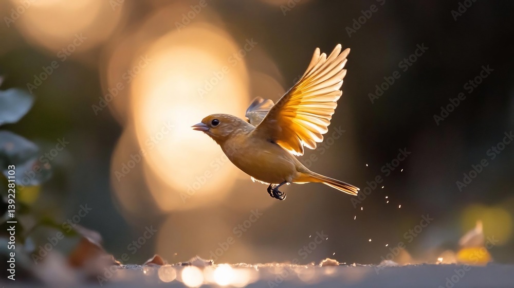 Aufkleber A small, yellow-brown bird takes flight, wings outstretched, against a bokeh background of warm golden light.  The bird is in sharp focus, while the background is blurred, creating a dreamy
