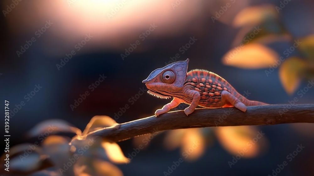 Poster close-up of a small chameleon on a tree branch at sunset. the reptile is reddish-orange with hints o