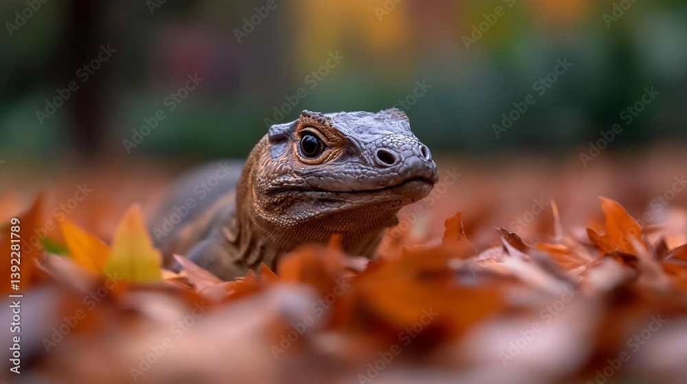 Poster close-up view of a lizard partially hidden amongst autumn leaves. the lizard is predominantly brown 