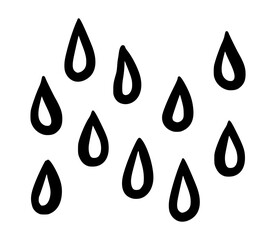 Doodle water drop, hand drawn sweat tear seamless pattern. Minimalistic black water drops in random arrangement on white background. Perfect for rain designs, packaging, eco concepts, skincare
