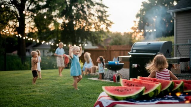 Group of children playing in a backyard during a summer barbecue with a grill and watermelon slices on a table at sunset.
