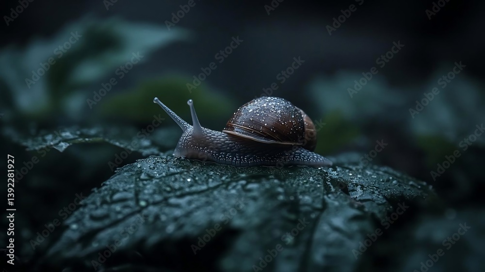 Aufkleber snail crawling on a dew-covered leaf in a dark, moody setting. close-up shot with focus on the snail
