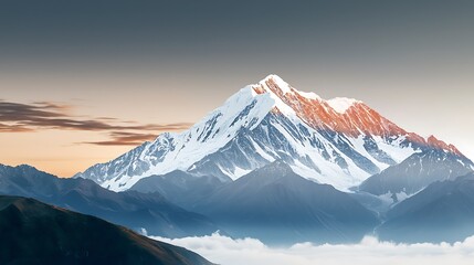 Majestic snowy mountain peak piercing the sky, surrounded by misty clouds at sunrise with glowing orange light
