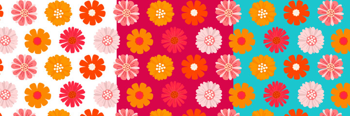 Bright seamless pattern with flowers. Cute multi-colored flowers on white, turquoise and crimson background. Groove print for printing on fabric, paper, web. Summer and spring floral background