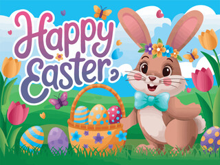 Cute Easter Bunny with Eggs in Basket and Flowers – Happy Easter Greeting