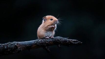Naklejka na ściany i meble Small, wet rodent sits on a dark branch against a blurred dark background. The rodent is reddish-brown with white underbelly. The image has a moody atmosphere