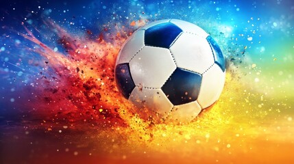 Fototapeta premium Dynamic colorful abstract background featuring soccer ball motion, vibrant paint splashes, and energetic patterns ideal for football posters, sports promotions, and athletic-themed designs