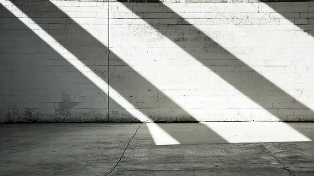Sunlight casting diagonal shadows on a white brick wall and concrete floor indoors creating dynamic light and shadow patterns