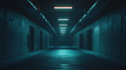 Mysterious underground tunnel illuminated by dim industrial lights offers adventurous exploration
