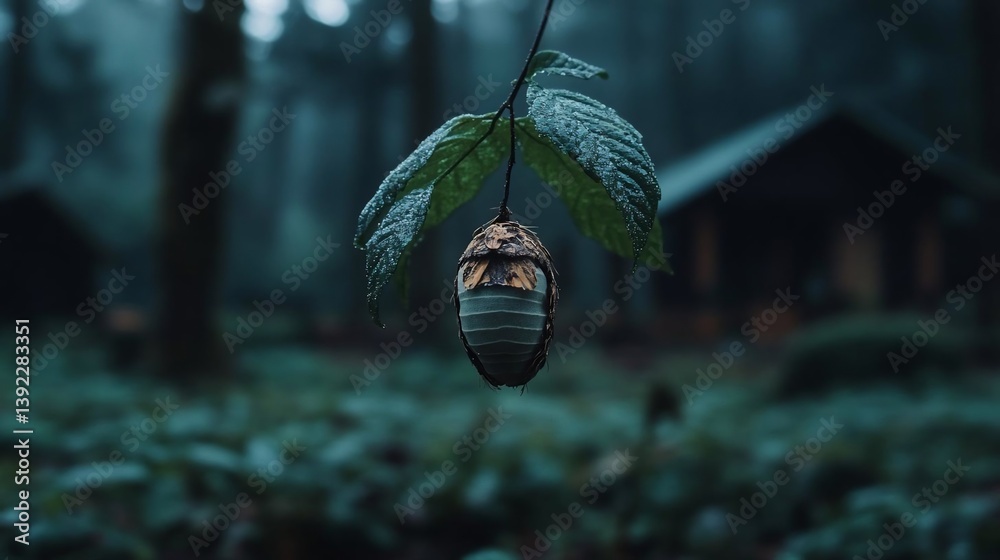 Aufkleber close-up view of a seed pod hanging from a branch, with rain droplets on the leaves. dark, moody for