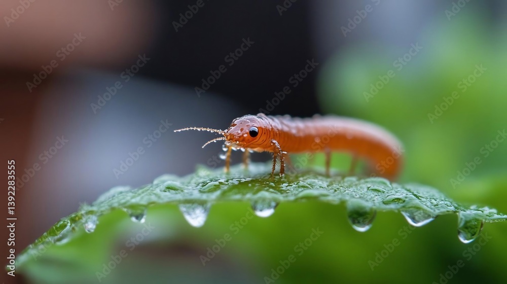Poster close-up of an orange insect covered in water droplets perched on a dew-covered green leaf. shallow 