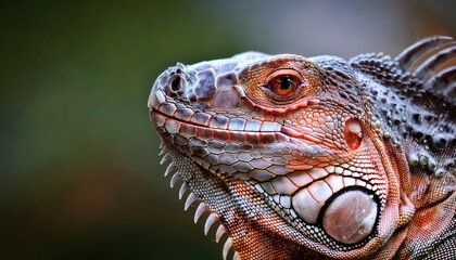 Obraz premium Iguana's Close-Up: A detailed close-up captures the striking features of an iguana, highlighting the intricate textures and vibrant colors of its scales and piercing gaze.