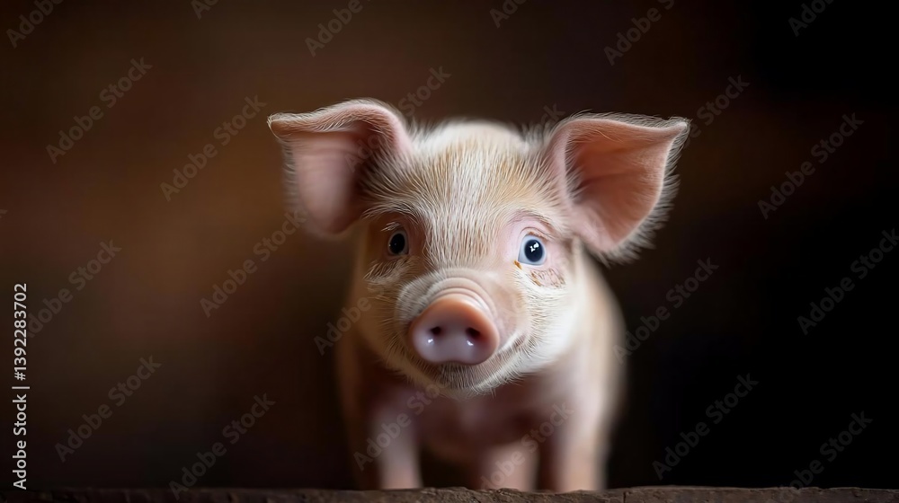Poster close-up portrait of a light pink piglet with blue eyes, looking directly at the camera against a da