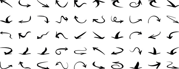 Charcoal hand drawn pencil arrows. Doodle curved chalk darts. Texture design elements of scribble lines. Vector illustration of hand painted crayon check lines