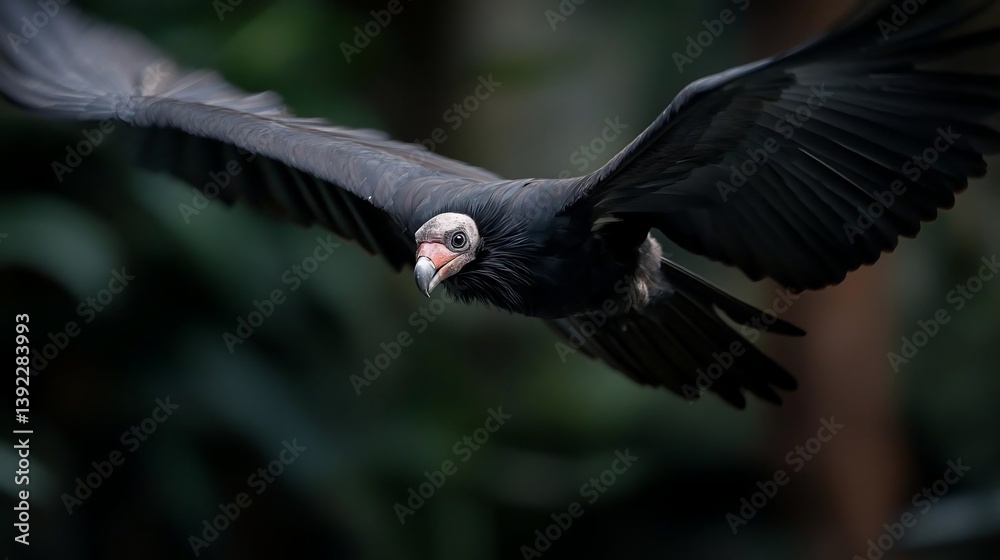 Poster black vulture in flight, close-up view against a dark green blurred background. the bird's wings are