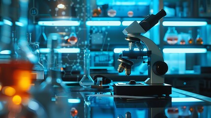 Laboratory Microscope and Glassware on Bright Table Surrounded by Chemical Solutions