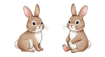 Fototapeta premium Gentle Spring Bunnies A Pair Of Soft Friends Bunny Companions Brown Bunny Duo Sweet Little Rabbits Two Little Rabbits Sitting Bunnies Springtime Hare Portraits Watercolor Bunny Pair Bunny Buddies