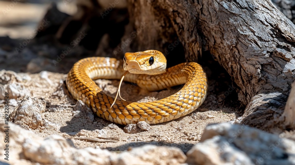 Poster a yellow snake coiled on sandy ground near a tree trunk in bright sunlight. the snake has dark spots