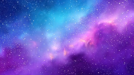 A vibrant cosmic scene featuring swirling hues of blue, purple, and teal, speckled with stars, suggesting the vastness and beauty of the universe.