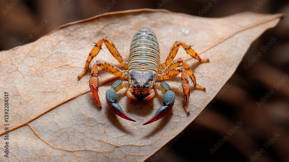 Poster close-up view of a small scorpion with orange and blue segmented body, perched on a dried brown leaf