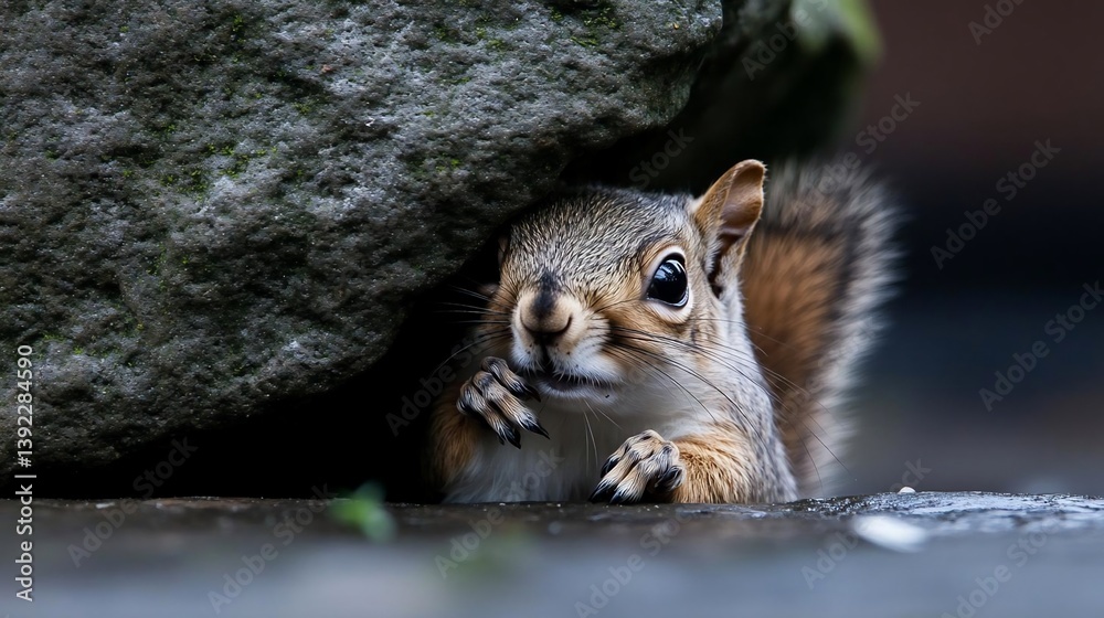 Aufkleber a curious gray and brown squirrel peeks from behind a large, dark gray rock in a damp outdoor settin