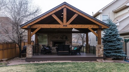 Fototapeta premium A beautiful outdoor patio with a fireplace and seating area