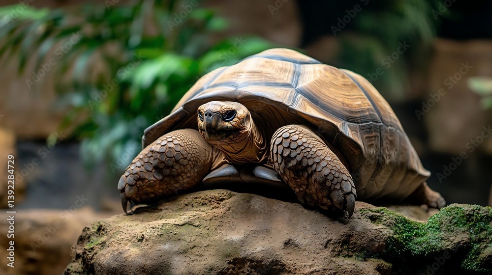 Poster close-up of a large tortoise on a rock, surrounded by lush green foliage. the tortoise is brown and 