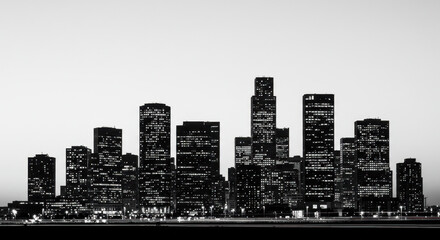 Fototapeta premium City Lights: Urban Skyline at Night | Black & White Architecture, Skyscrapers, Cityscape Photography