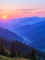 Panoramic sunrise view of majestic blue mountains, forests, and vivid skies