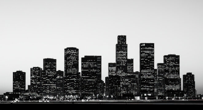 Fototapeta City Lights: Urban Skyline at Night   Black & White Architecture, Skyscrapers, Cityscape Photography