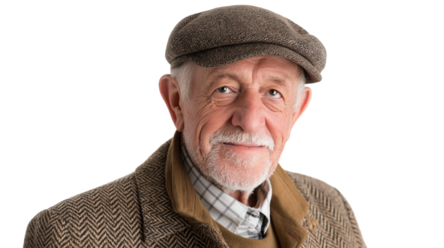 portrait of distinguished elderly gentleman wearing cap isolated on transparent white background