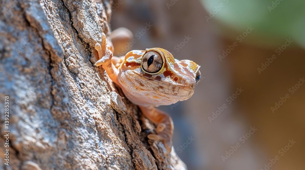 Aufkleber Close-up view of a small reptile peeking from behind a tree trunk.  The gecko is light brown and tan, with textured skin. The background is blurred, showing muted greens and browns